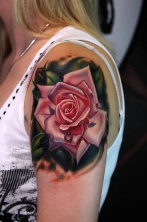 Pink Rose 3D Tattoo On Girl Left Shoulder