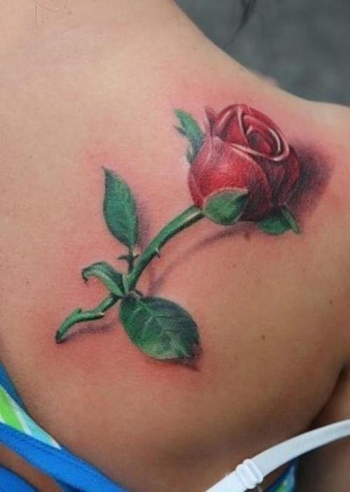 Red Rose Tattoo On Right Back Shoulder