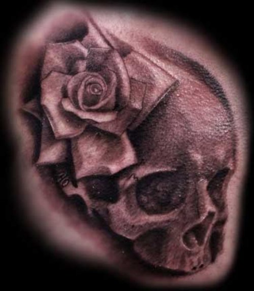 Grey Ink Rose Flower And Skull 3D Design