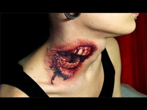 3D Vampire Tattoo On Girl Neck