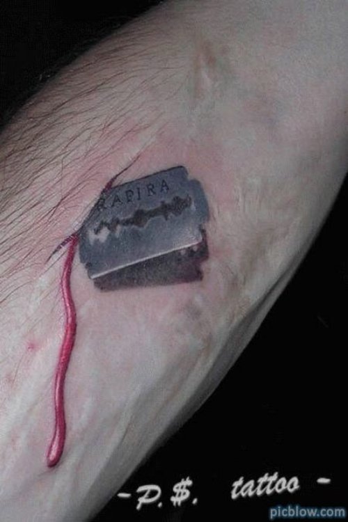 3D Blade Cut And Blleding Tattoo On Arm