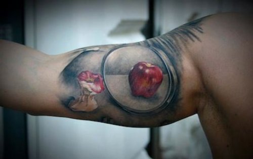 Grey Ink 3D Tattoo Illusion Apple Tattoo On Half Sleeve