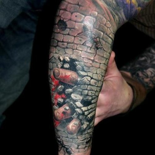 Color Ink 3D Hand In Wall Tattoo on Right Sleeve