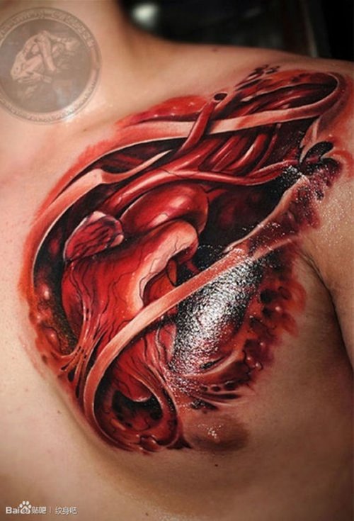 Red Ink Ripped Skin 3D Tattoo On Man Chest