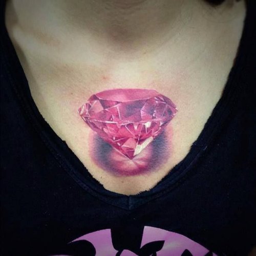 Pink Diamond 3D Tattoo On Girl Chest