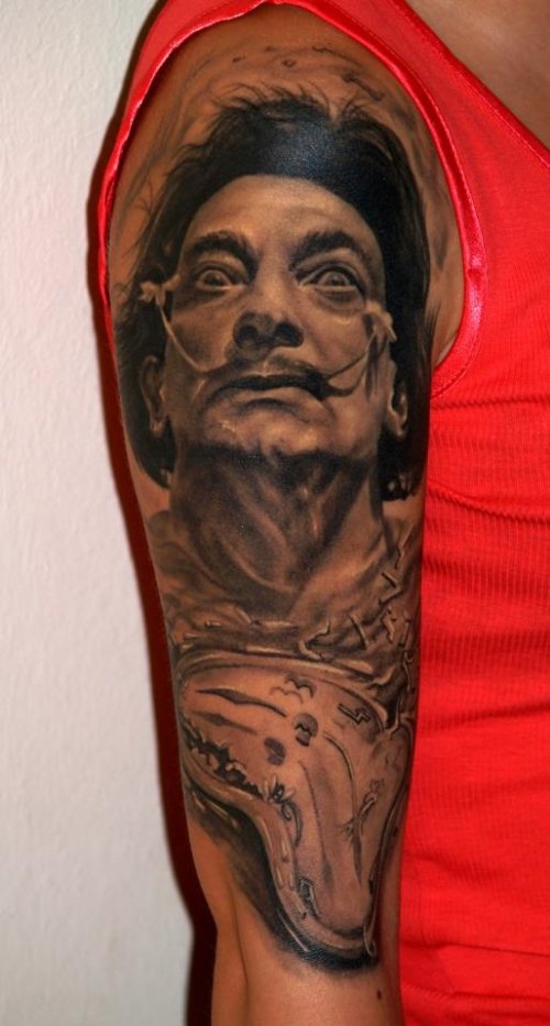 Grey Ink Dali Portriat 3D Tattoo On Right Half Sleeve