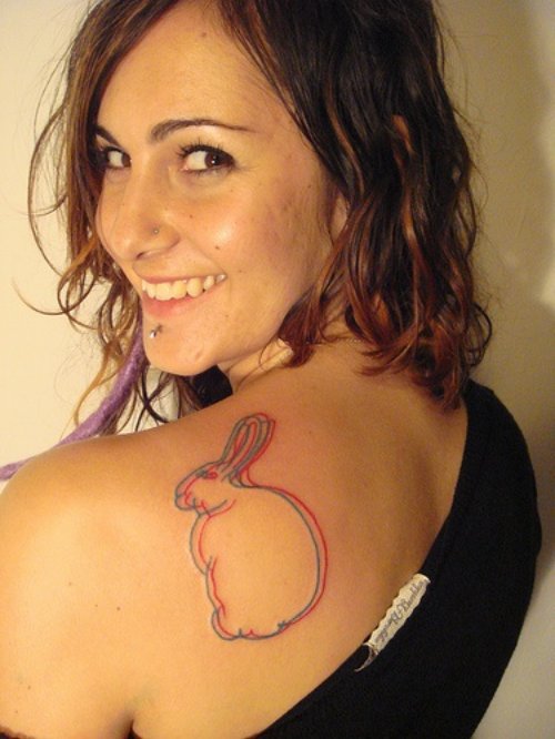 Outline 3D Rabbit Tattoo On Left Back Shoulder