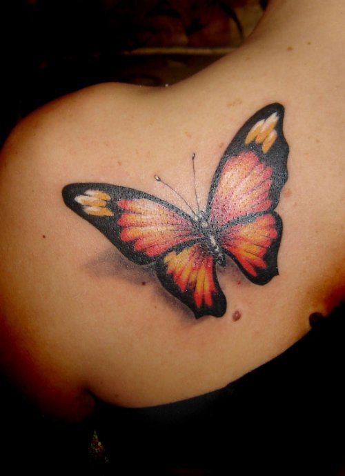 Color 3d Butterfly Tattoo On Left Back Shoulder
