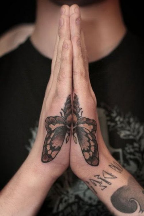 Grey Ink 3D Butterly Tattoo On Hands
