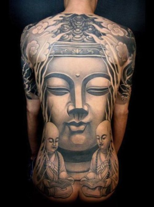 Grey Ink Buddha 3D Tattoo On Back