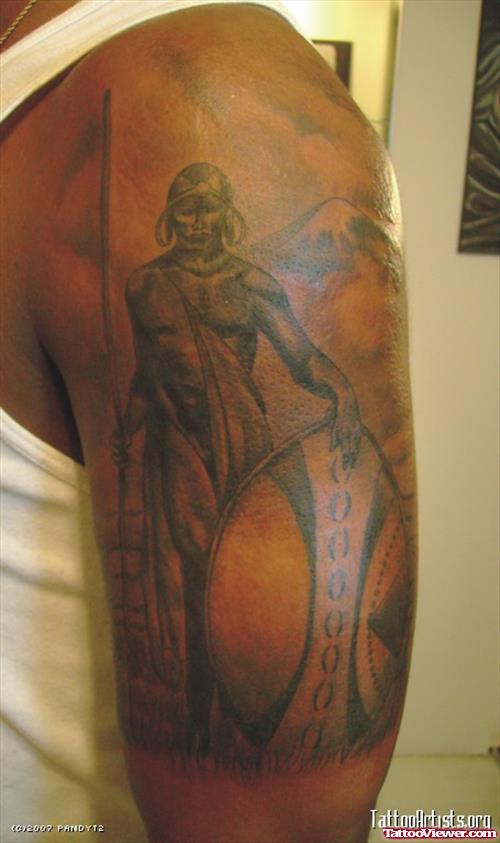 Attractive African Warrior Tattoo On Left Half Sleeve