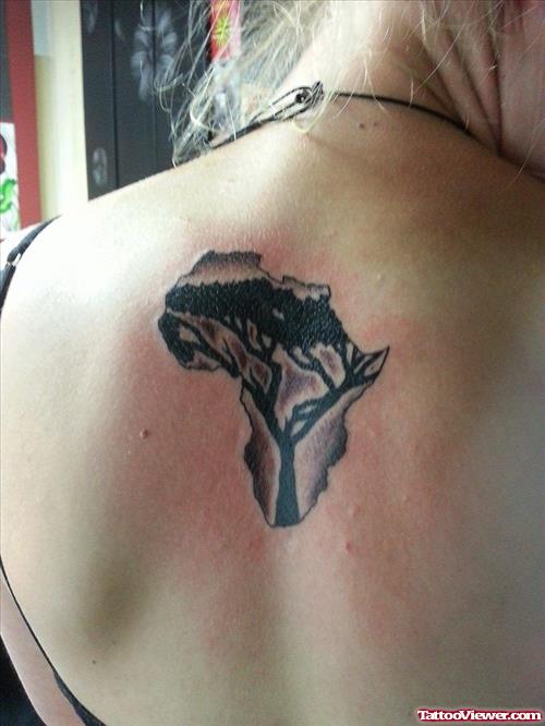 Tree In African Map Tattoo On Upperback