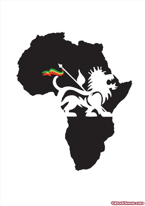 Black African Map and Lion With Flag Tattoo Design