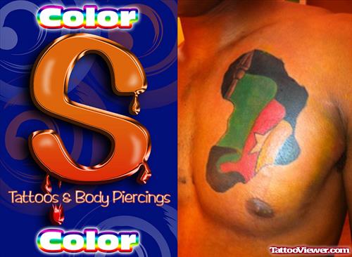 Awesome Colored Africa Map Tattoo On Man Chest