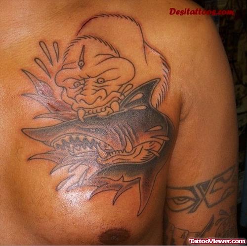 African Demon And Shark Tattoo On Chest