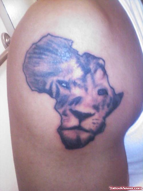 Lion Head And African Map Tattoo On Shoulder