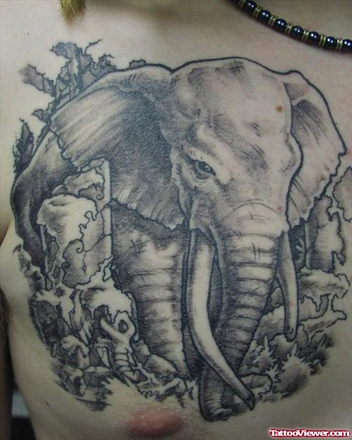 Grey Ink African Elephant Tattoo On Man Chest