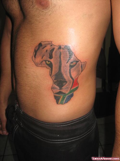 Colored African Map And Lion Head Tattoo On Rib Side