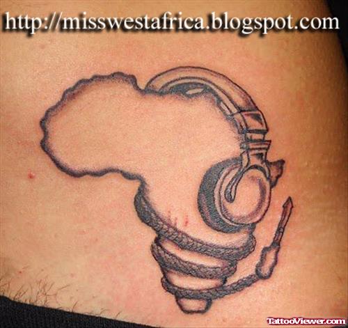 African Map With Headphones Tattoo