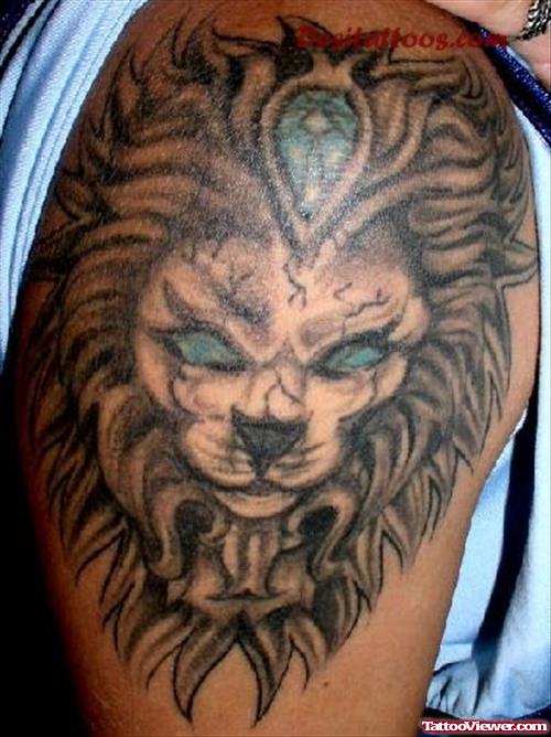 Grey Ink AfricanLion Head Tattoo On Shoulder