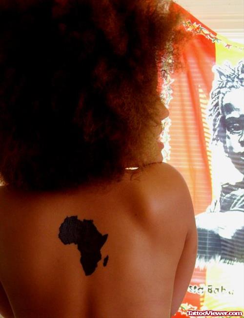 Black Ink African Map Tattoo On Woman Back