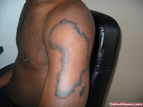 Grey Ink African Map Tattoo On Left Half Sleeve