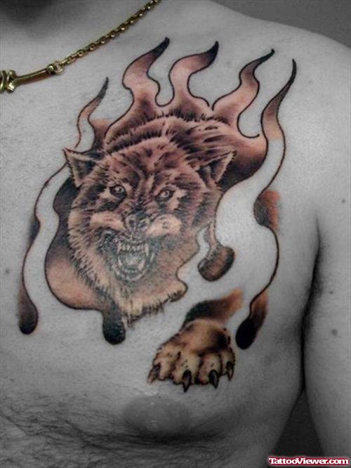 Flaming African Wolf Tattoo On Chest
