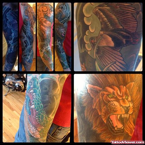 African Aligator And lion Tattoo On Sleeve