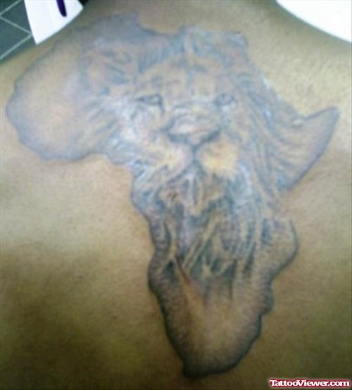 Grey Ink African Map And Lion Head Tattoo On Back
