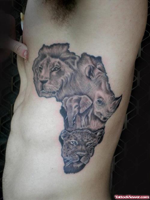 Grey Ink African Map And Animal Tattoo On Side Rib