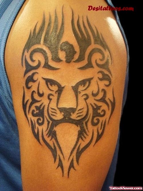African Tribal Lion Head Tattoo On Shoulder