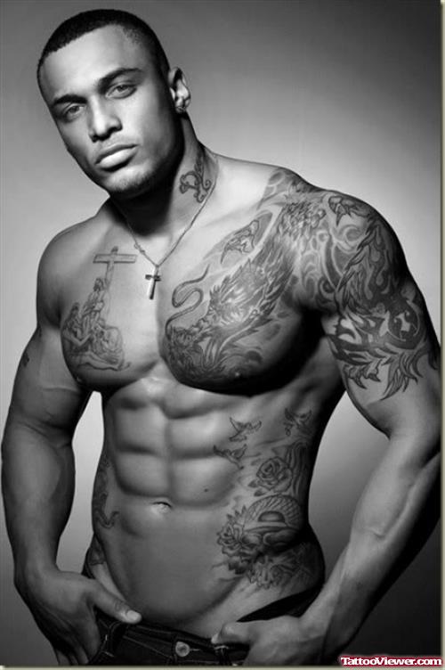 African Tattoo On Chest And Sleeve For Men