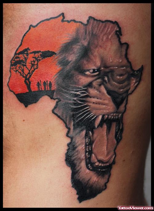 African Map And Roaring Lion Head Tattoo