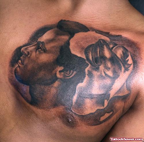 Africa Map And Portrait Tattoo On Chest