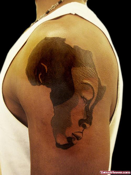 African Queen Head In Map Tattoo On Left Shoulder