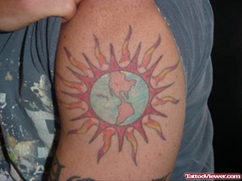 African Map In Sun Tattoo On Left Shoulder