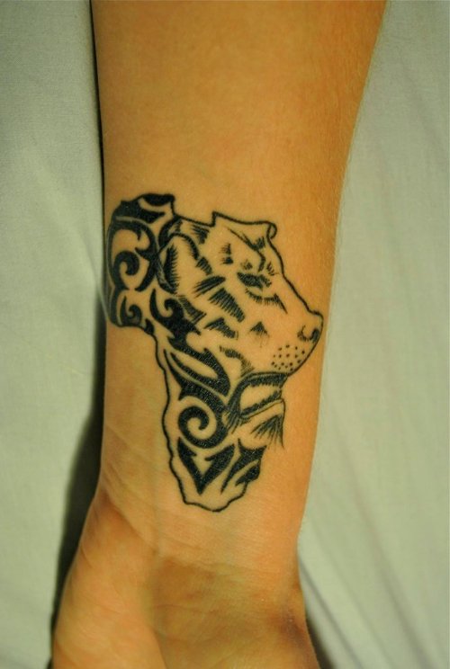 African Map And Lion Head Tattoo On Arm