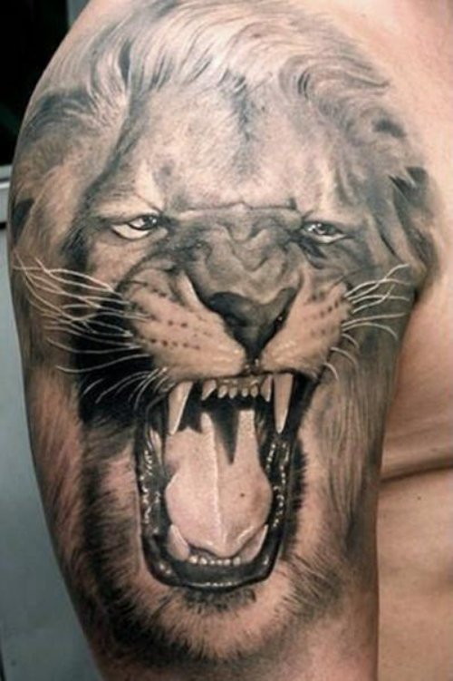 Angry African Lion Face Tattoo On Arm