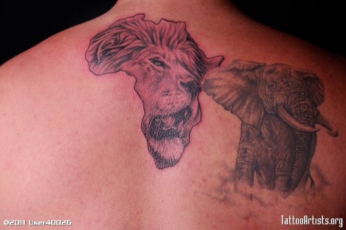 Lion Head And Elephang African Map Tattoo On Upperback