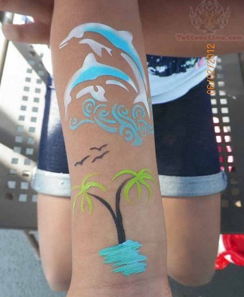 Trees And Dolphins Airbrush Tattoo On Arm
