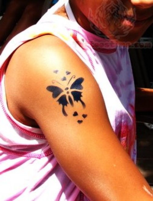 Tiny Hearts And Black Butterfly Airbrush Tattoo On Shoulder