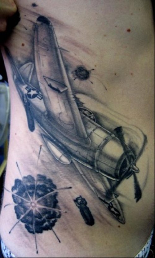 Grey Ink Airplane Tattoo On Man Rib Side