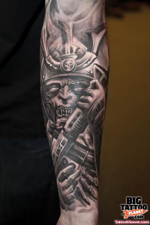Grey Ink Alien Tattoo On Sleeve