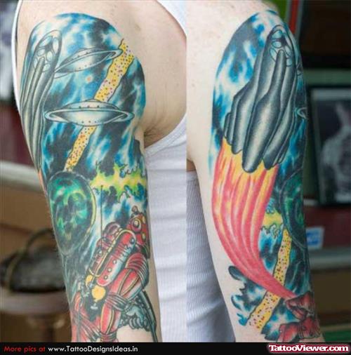 Half Sleeve Colored Ink Spaceships And Alien Tattoo