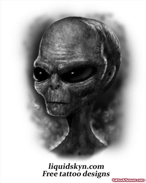 Grey Ink Alien Head Tattoo Design