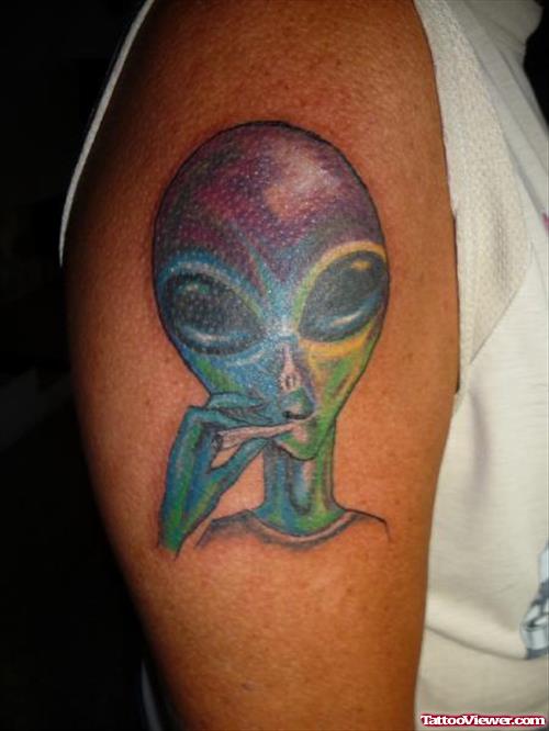 Colorful Alien Tattoo On Bicep