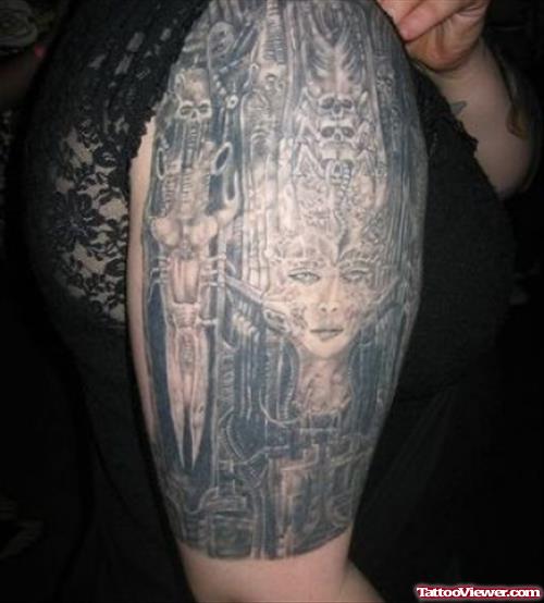 Right Half Sleeve Grey Ink Ancient Alien Tattoo