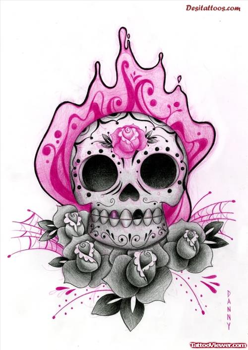 Grey Ink Rose Flowers And Alien Skull Tattoo Design