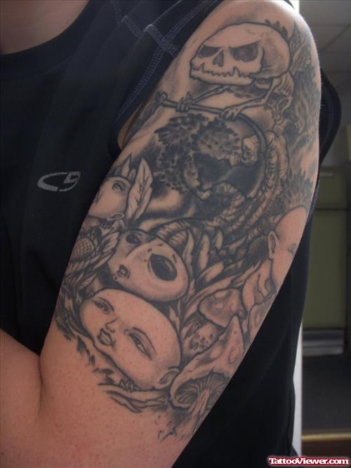 Grey Ink Half Sleeve Alien Tattoo For Men