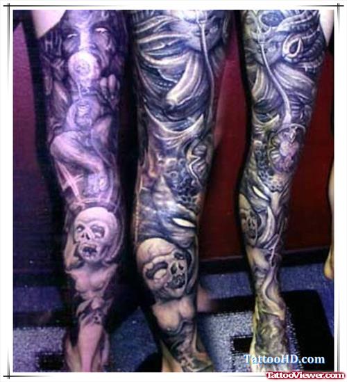 Grey Ink Alien Tattoos On Leg